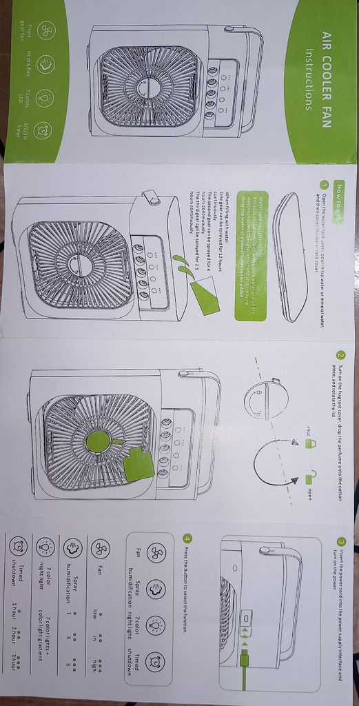 کابل همراه، قابلیت تنظیم ارتفاع، تایمر، محافظ پره، منبع آب پاش ، قابلیت تنظیم سرعت